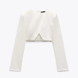Zara Long Sleeve Rhinestone Detail Trim Crop Top